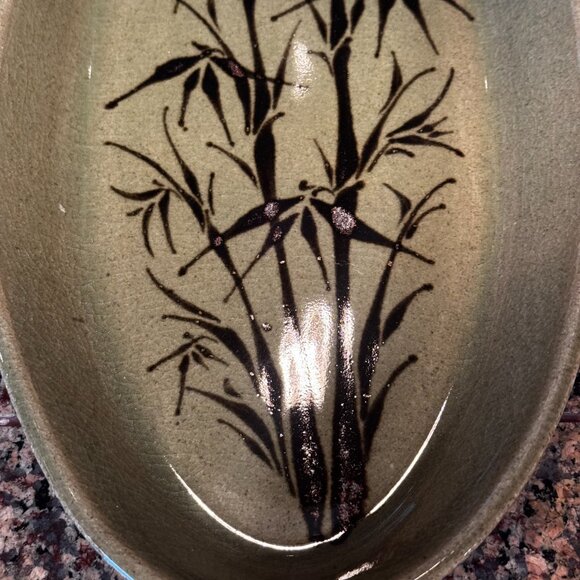 Mark Blumenfeld Pottery Green Brown Glazed Ceramic Oval Serving Platter Leaf Sig